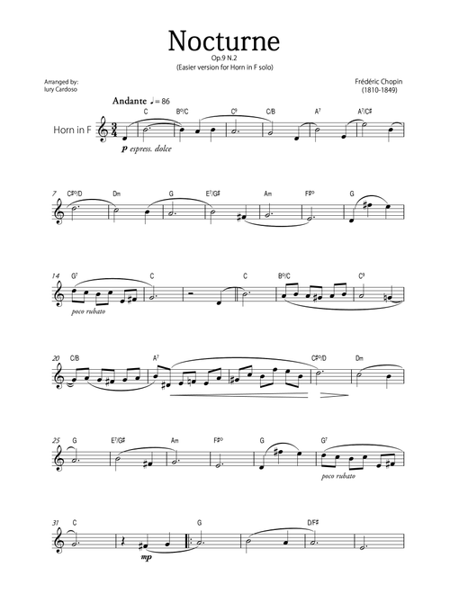 "Nocturne" (Chopin) - Beautiful EASY version for HORN in F SOLO. (Arr. Iury Cardoso) - Frédéric Chopin (French Horn Solo)