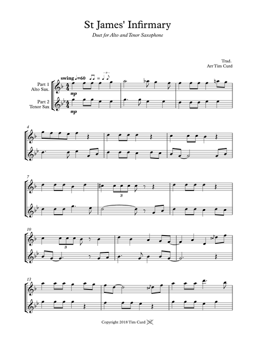 St James' Infirmary. Duet for Alto and Tenor Sax (Arr. Tim Curd.) - trad. (Instrumental Duet)