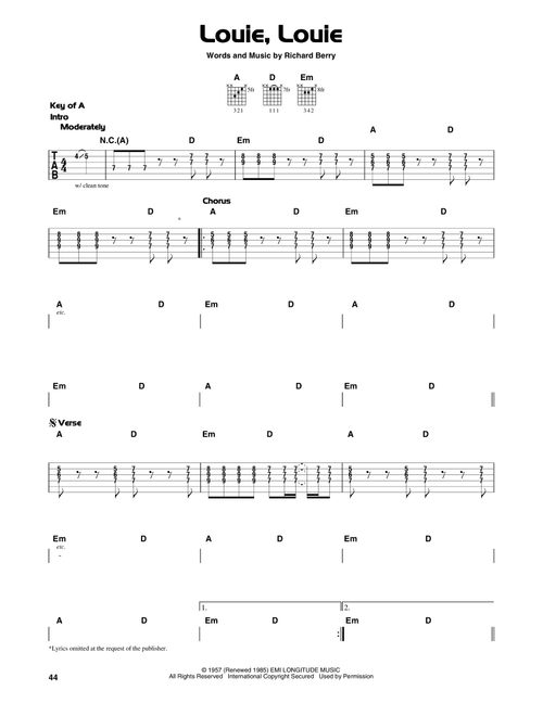Louie, Louie - Kingsmen (Guitar Lead Sheet)