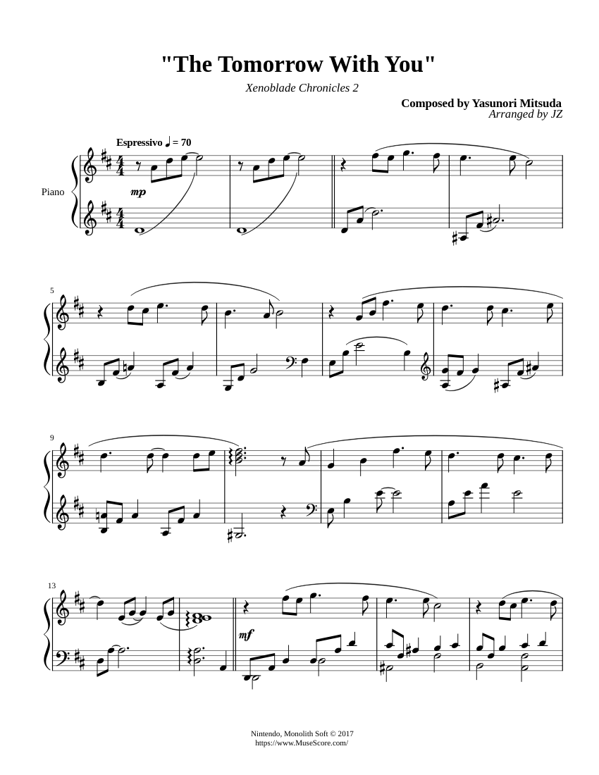 Xenoblade 2: The Tomorrow With You – Yasunori Mitsuda Sheet