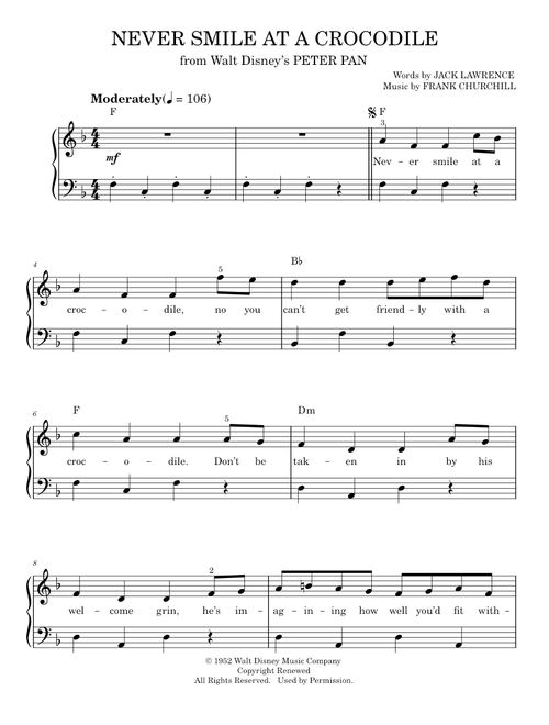 Never Smile At A Crocodile - Frank Churchill, Jack Lawrence (Easy Piano)