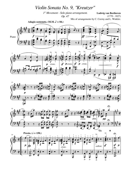 Ludwig van Beethoven - Violin Sonata No. 9 "Kreutzer" - Movement 1 - Solo Piano Arrangement.