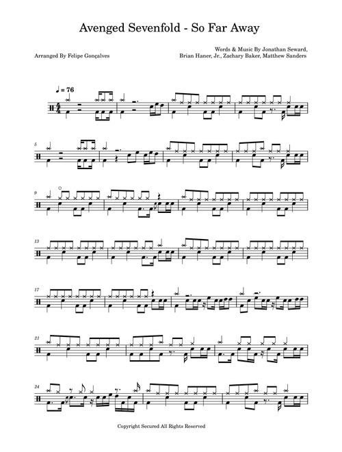 So Far Away (Arr. FG SHEET MUSIC) - Avenged Sevenfold (Drums)