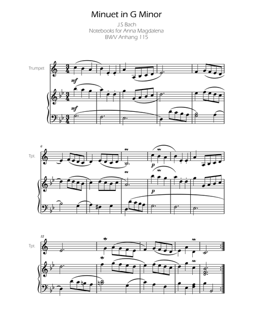 Minuet in G minor BWV Anh. 115 - Bach - Trumpet (Arr. Ygor Nunes) - Johann Sebastian Bach (Trumpet and Piano)