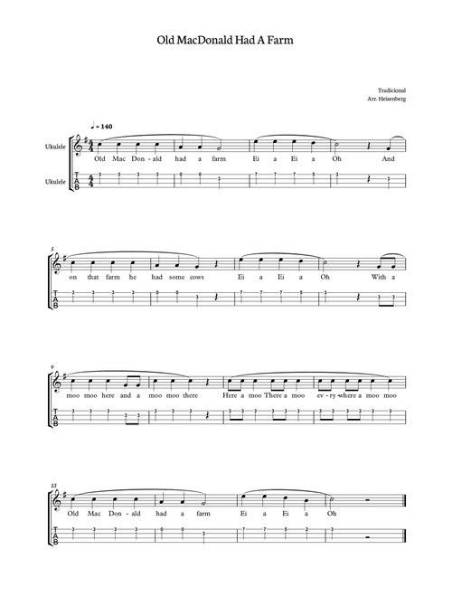 Old MacDonald had a farm for Ukelele with tab (Arr. Heisenberg) - Tradicional (Ukulele)