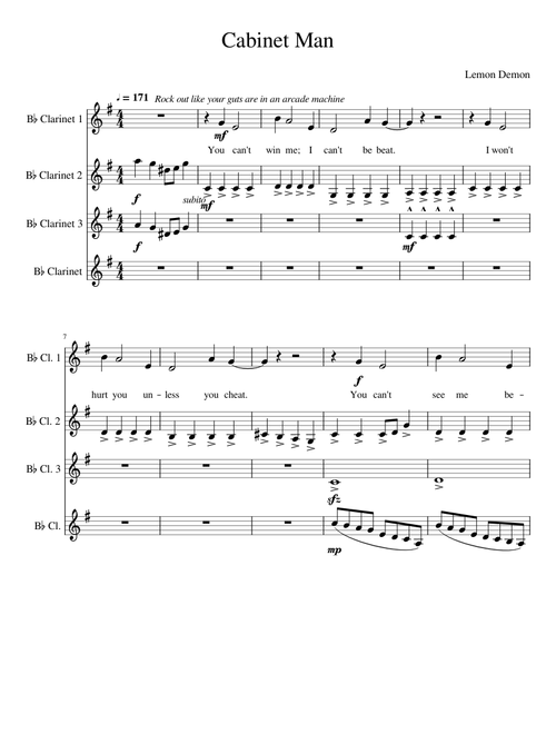 Cabinet Man (but just my favorite part) for Clarinet Quartet