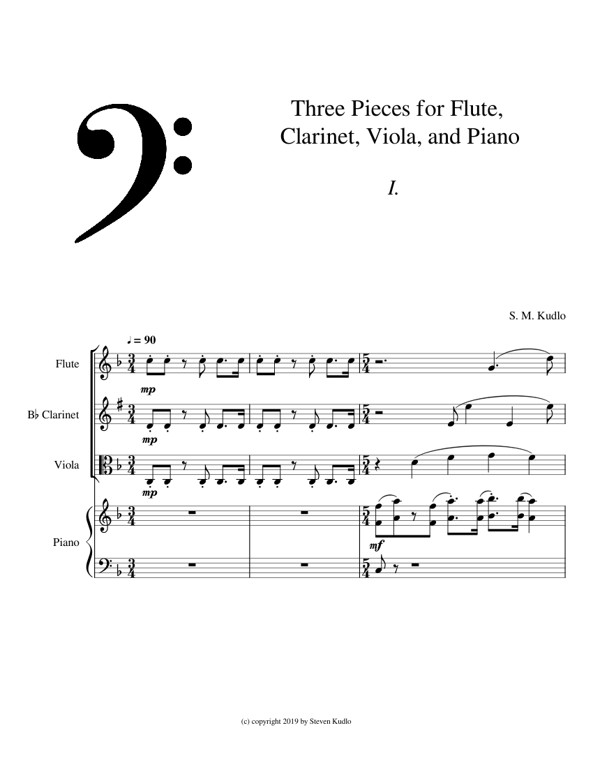 Three Pieces for Flute, Clarinet, Viola, and Piano Sheet Music for ...