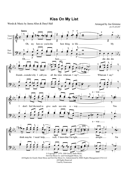 Kiss On My List (Arr. Joe Grimme) - Daryl Hall & John Oates (Choral, TTBB)