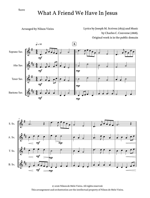 WHAT A FRIEND WE HAVE IN JESUS - for Saxophone Quartet (Arr. Nilson de Melo Vieira) (Woodwind Ensemble)