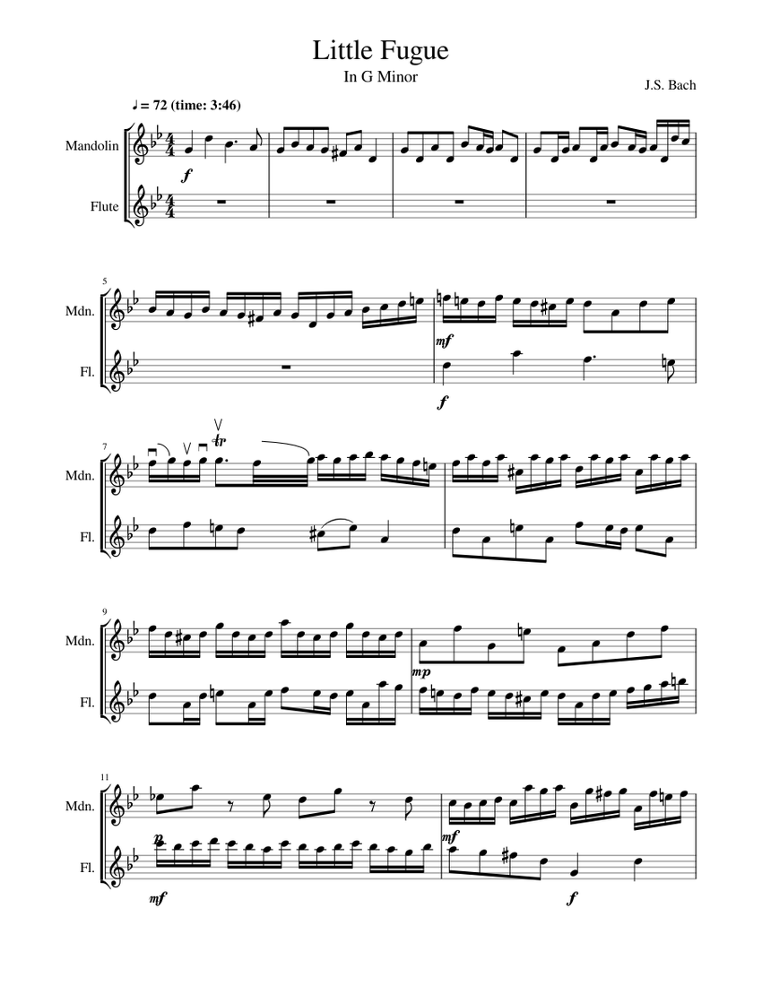 Little Fugue for flute and mandolin Sheet music for Flute, Mandolin