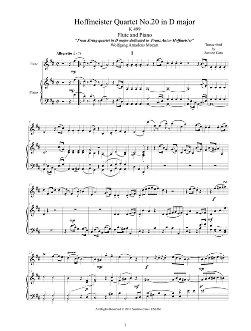Mozart â Hoffmeister Quartet No.20 in D major K499 for Flute and Piano - Score and Part (Arr. Santino Cara) - Mozart Wolfgang Amadeus (Flute and Piano)