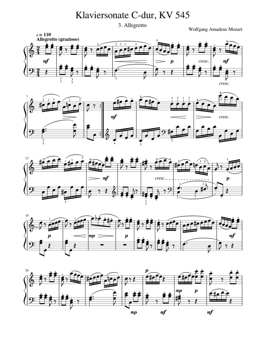 Mozart: Klaviersonate C-dur, KV 545 - 3. Allegretto Sheet