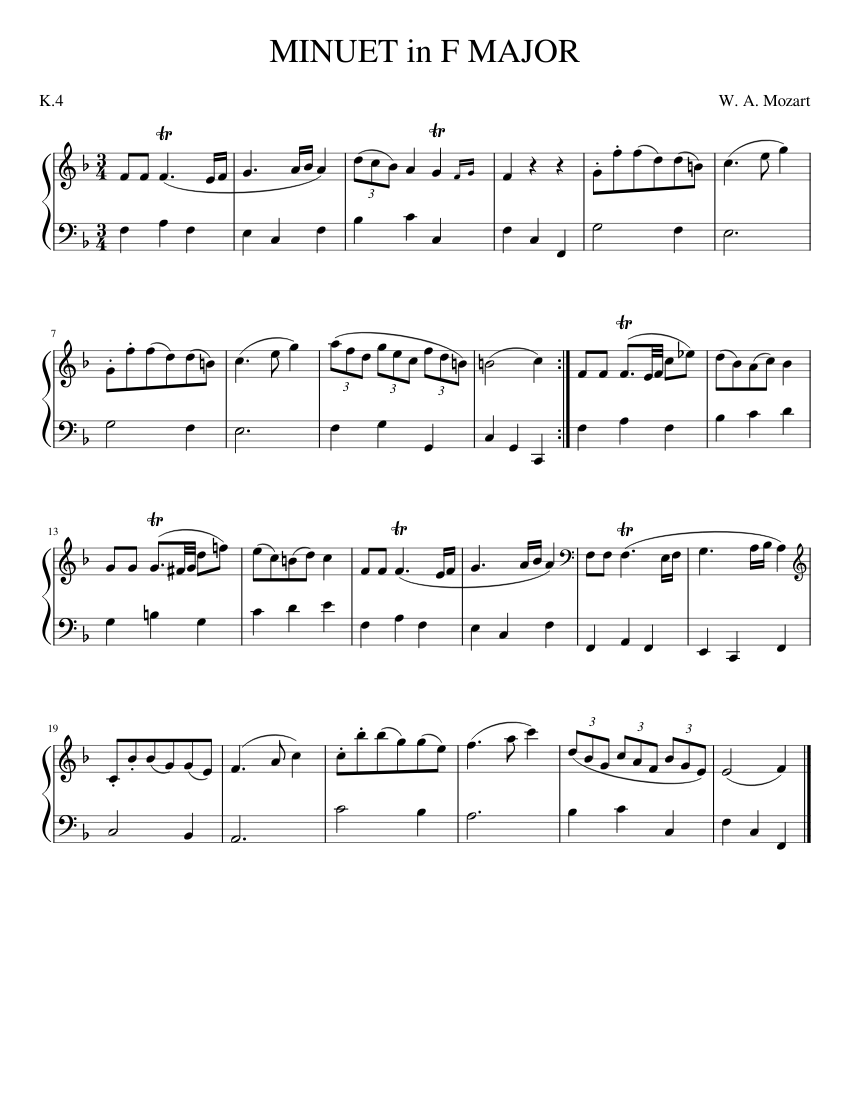 Minuet in F Major - Mozart (K4) Sheet Music for Piano (Solo) easy ...