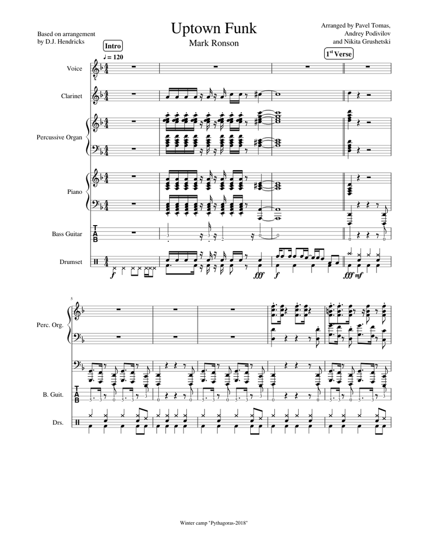 Uptown Funk Sheet Music and Tab for Piano, Organ, Vocals, Bass guitar ...