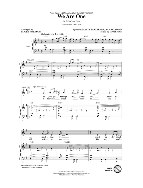 We Are One (from The Lion King II: Simba's Pride) (arr. Roger Emerson) - Cam Clarke & Charity Sanoy, Marty Panzer (Choral, 2-Part)