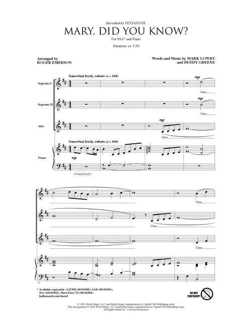 Mary, Did You Know? (arr. Roger Emerson) - Pentatonix, Kathy Mattea (Choral, SSA)