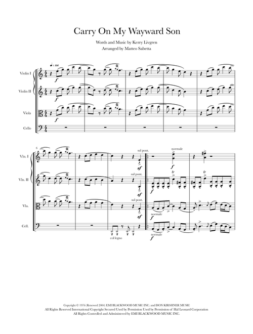 Carry On Wayward Son (Arr. Matteo Sabetta) - Kansas (String Quartet)