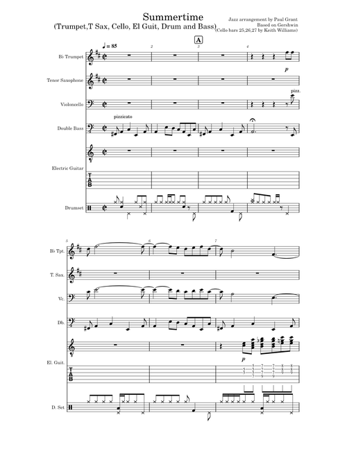 Summertime for Trumpet Tenor sax Cello Jazz Guitar Double Bass and Drums