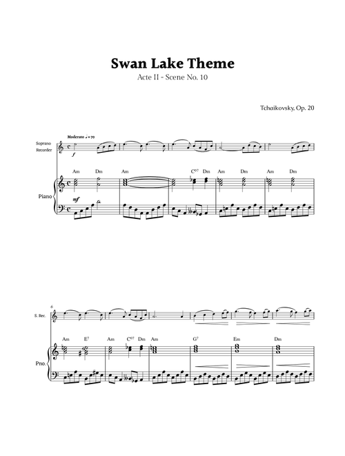 Swan Lake Theme by Tchaikovsky (Arr. Rika K.) (Recorder Solo)