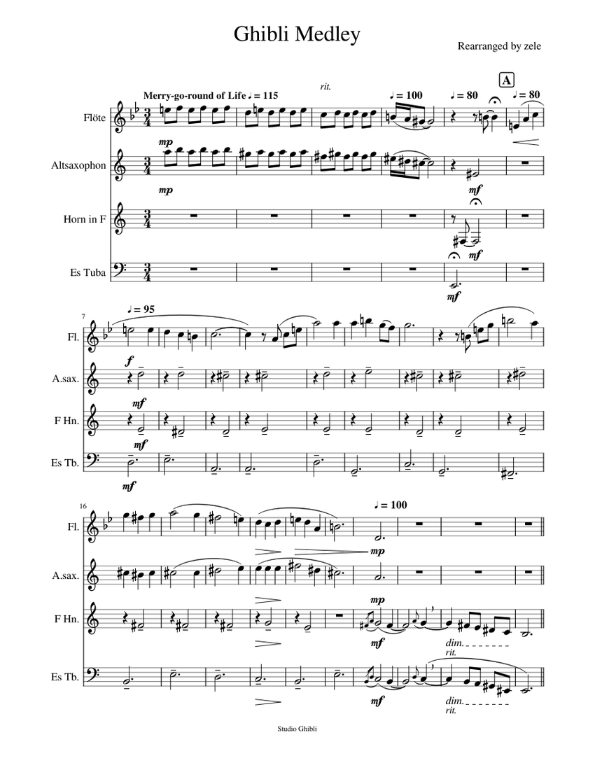 Ghibli medley Sheet music for Tuba, Flute, Saxophone alto, French horn