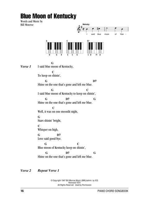 Blue Moon Of Kentucky - Bill Monroe (Piano Chords-Lyrics)