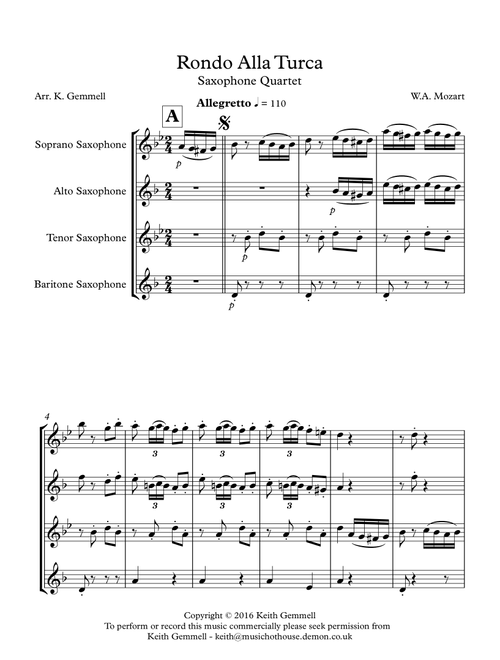 Rondo Alla Turca: Saxophone Quartet (Arr. Keith Gemmell) - W.A. Mozart (Woodwind Ensemble)