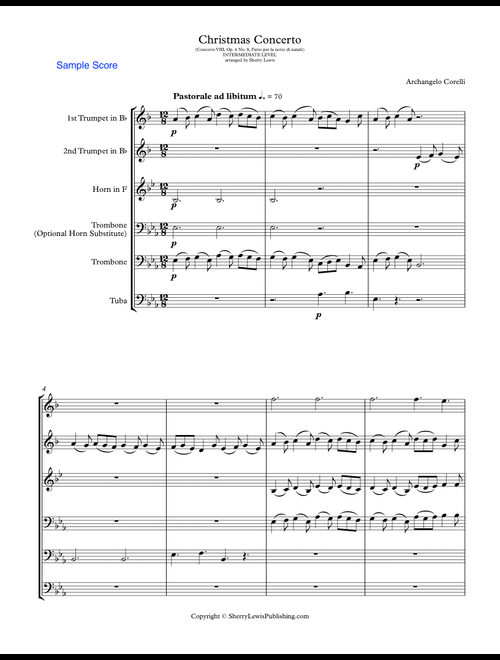 CHRISTMAS CONCERTO, PASTORALE, Concerto VIII Op. 6 No. 8, Fatto per la notte di natale, by Corelli, (Arr. Sherry Lewis) - A. Corellii (Brass Ensemble)