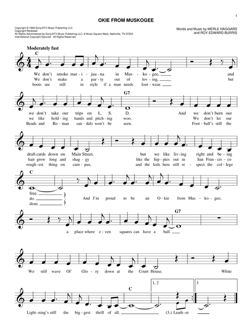 Okie From Muskogee - Merle Haggard (Easy Lead Sheet - Fake Book)