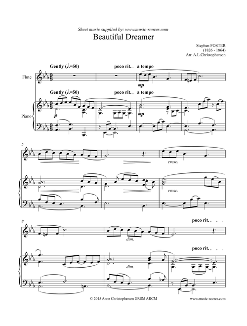 Beautiful Dreamer - Flute and Piano (Arr. Anne L Christopherson GRSM ARCM) - Foster, Stephen (Flute and Piano)