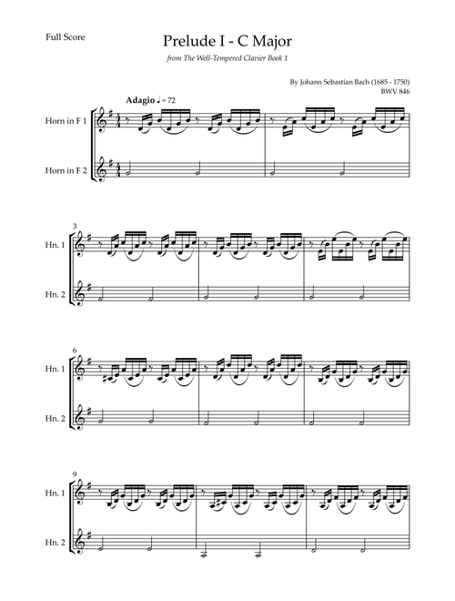 Prelude 1 in C Major BWV 846 (from Well-Tempered Clavier Book 1) for Horn in F Duo (Arr. Fabio Britto) - Johann Sebastian Bach (French Horn Duet)