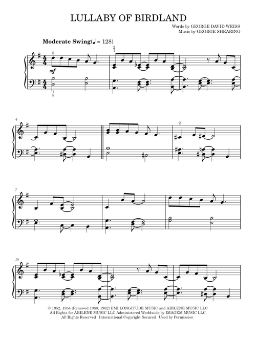 Lullaby Of Birdland - Bob Thiele and George David Weiss (Easy Piano)