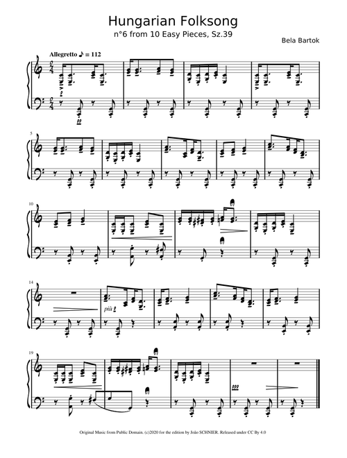 Bartok, Bela - 10 Easy Pieces, Sz.39 : n°6 Hungarian Folksong #NV2020
