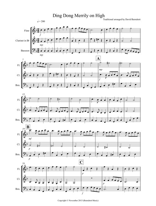 Ding Dong Merrily on High for Wind Trio (Arr. David Burndrett) - Traditional (Woodwind Ensemble)