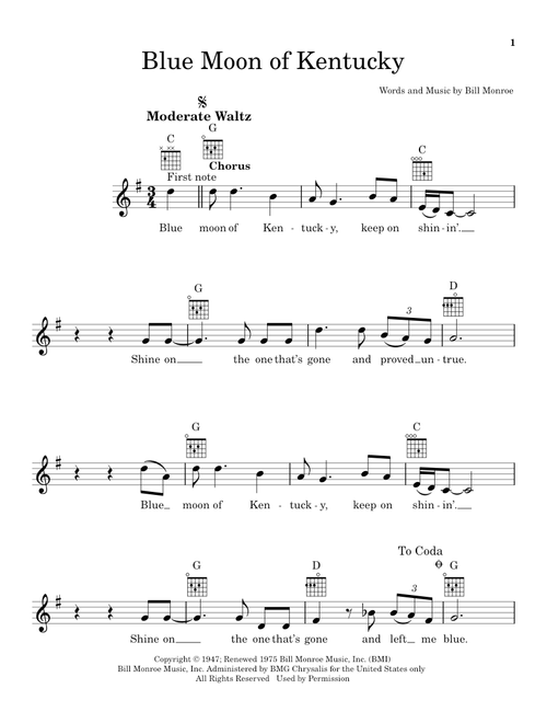 Blue Moon Of Kentucky - Bill Monroe, Patsy Cline, Elvis Presley (Ukulele)