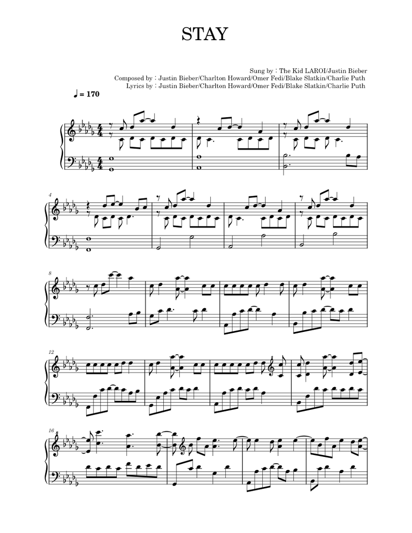 Stay - Justin Bieber Sheet music for Piano (Solo) | Musescore.com