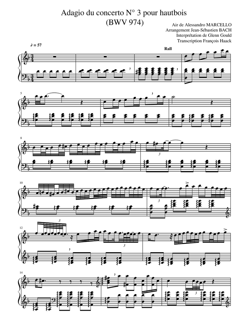 Bach Adagio BWV974 by Glenn Gould for print Sheet Music for Piano
