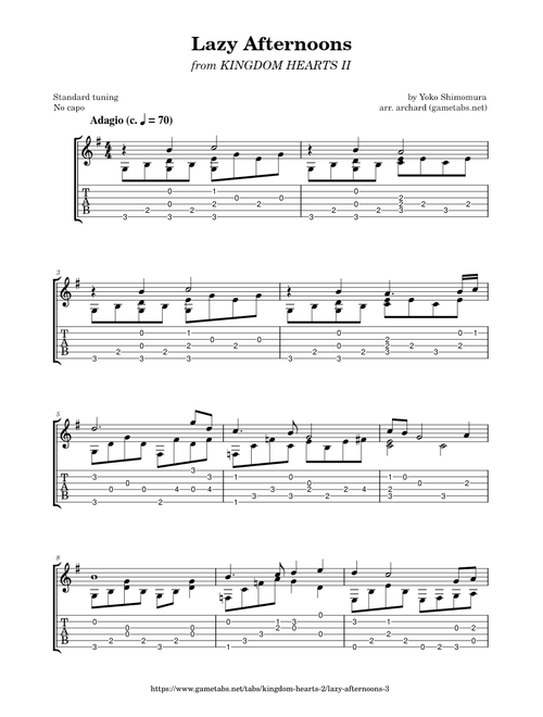 Lazy Afternoons (Guitar Arr.) - Kingdom Hearts II