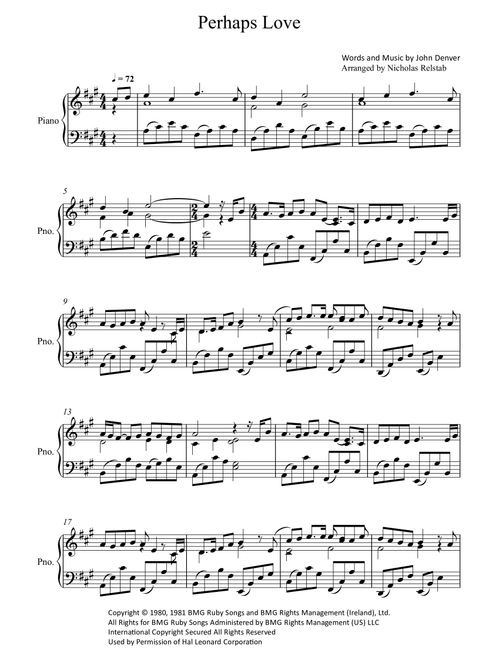 Perhaps Love (Arr. Nicholas Relstab) - John Denver and Placido Domingo (Piano Solo)