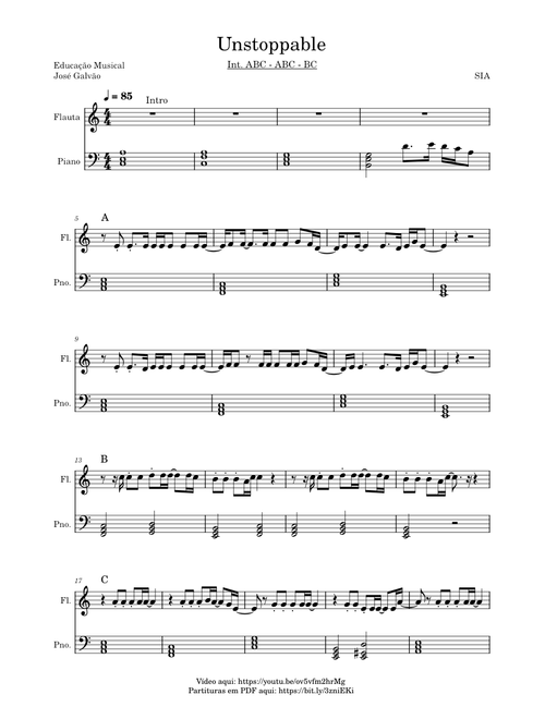 Unstoppable – Sia - Partitura Piano e Flauta - Educacao Musical - Jose Galvao