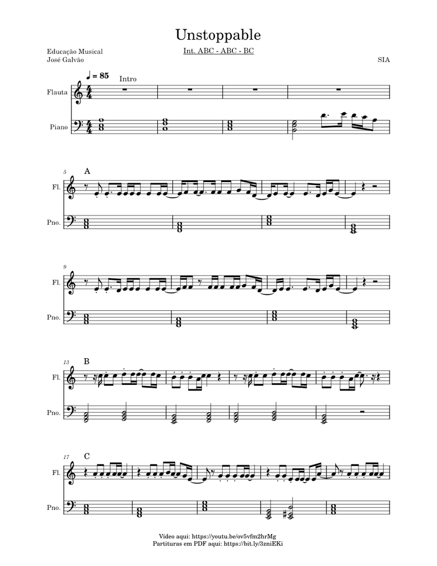 Unstoppable Sia Partitura Piano E Flauta Educacao Musical Jose Galvao Sheet Music For 