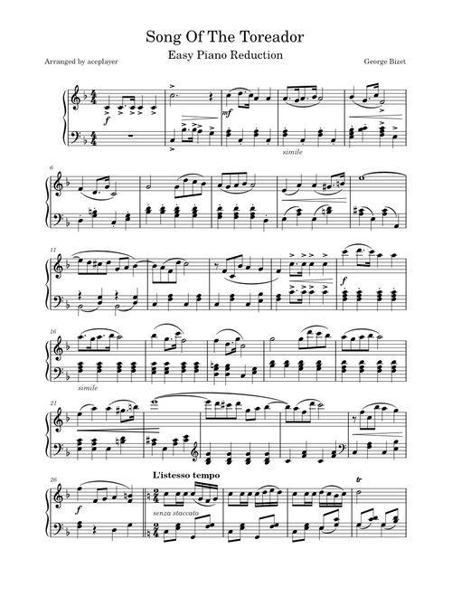 Song Of The Toreador - From Carmen|George Bizet - Easy Piano Reduction