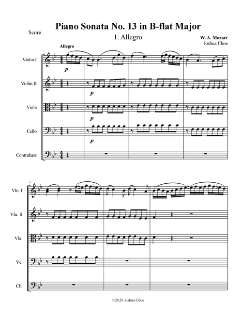 Piano Sonata No. 13, Movement 1 (Arr. Joshua Choe) - Wolfgang Amadeus Mozart (Orchestra)