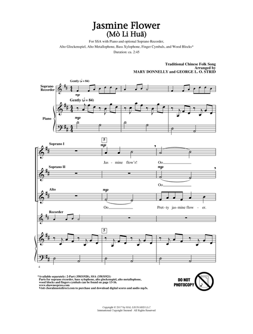 Jasmine Flower (Mo Li Hua) (Arr. Mary Donnelly) - Traditional Chinese Folk Song (Choral, SSA)