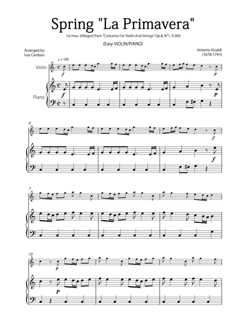 "Spring" (La Primavera) by Vivaldi - Easy version for VIOLIN & PIANO (Arr. Iury Cardoso) - Antonio Vivaldi (Violin and Piano)
