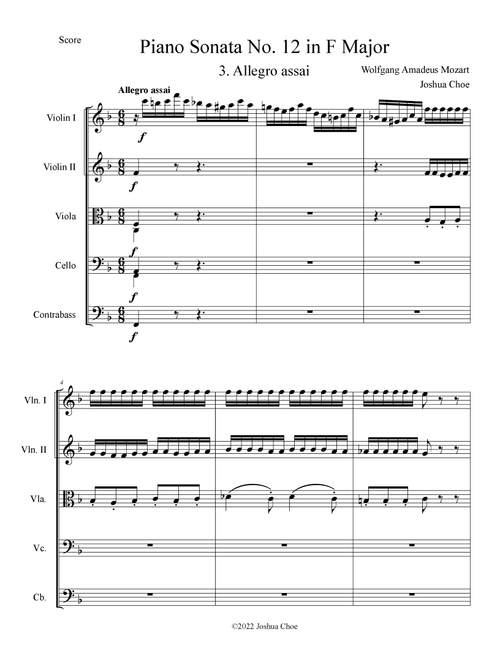 Piano Sonata No. 12 in F Major, Movement 3 (Arr. Joshua Choe) - Wolfgang Amadeus Mozart (Orchestra)