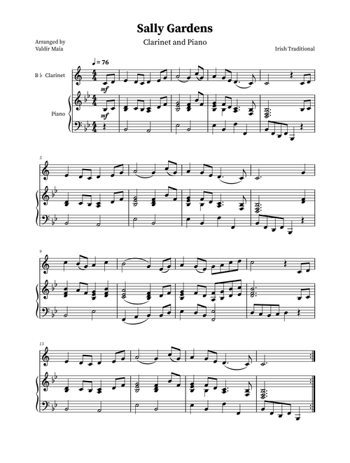 Sally Gardens - B-flat Clarinet an Piano (Arr. Valdir Maia) (Clarinet and Piano)
