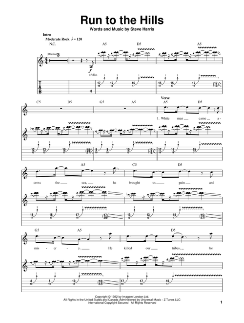 Run To The Hills - Iron Maiden, Iron Maiden (Guitar Tab Play-Along)