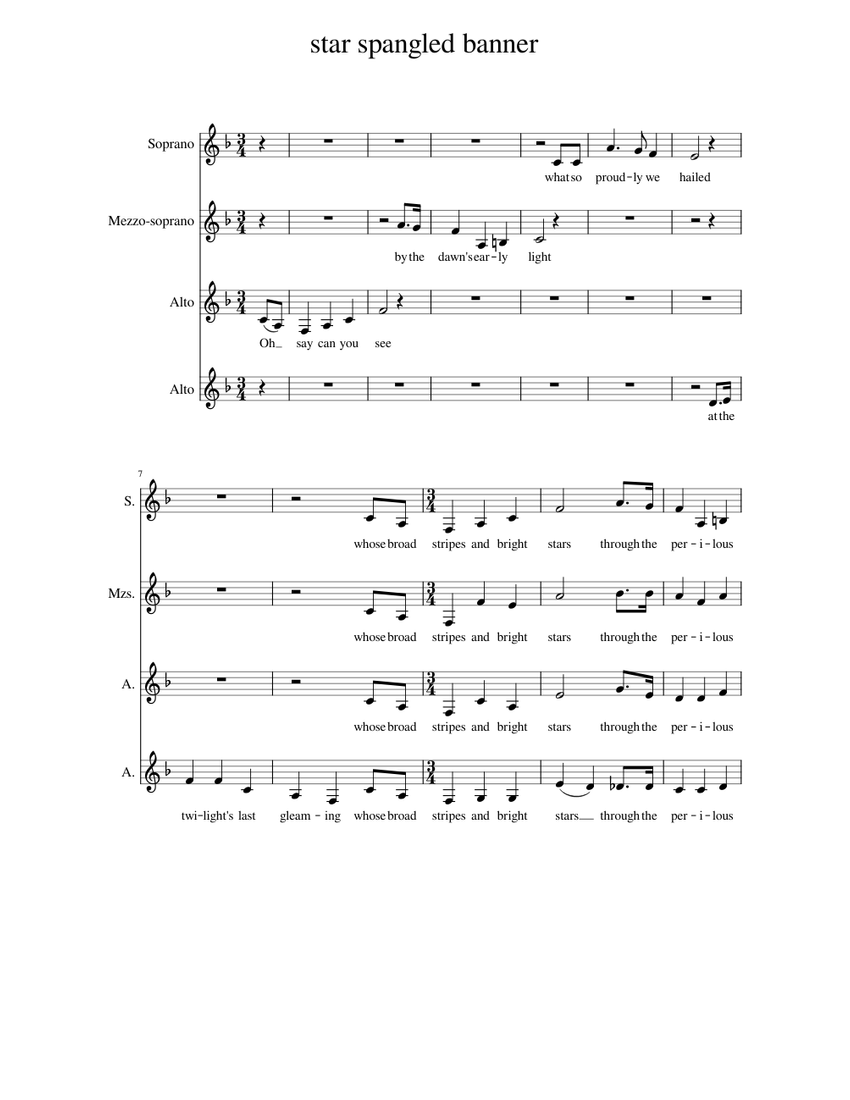 star spangled banner ssaa Sheet Music for Soprano, Alto, Mezzo soprano ...