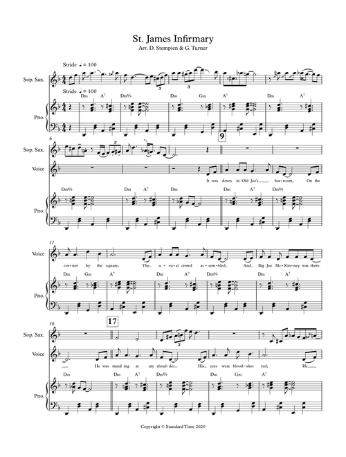 St. James Infirmary for Vocal Solo with Soprano Sax or B-flat Clarinet & Piano Accompaniment (Tradit (Arr. Debra E. Stempien, Gregory H. Turner) - Traditional (Small Ensemble)