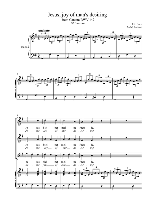 Johann Sebastian Bach - Jesus, joy of man's desiring (SAB Choir + Easy Piano ) (Arr. André Laitano) (Choral, SAB)